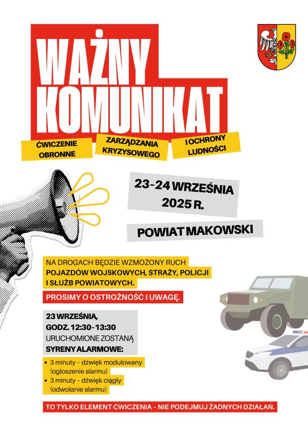 WAŻNY KOMUNIKAT - 23-24 WRZEŚNIA 2025 R. - ĆWICZENIA OBRONNE ZARZĄDZANIA KRYZYSOWEGO I OCHRONY LUDNOŚCI
