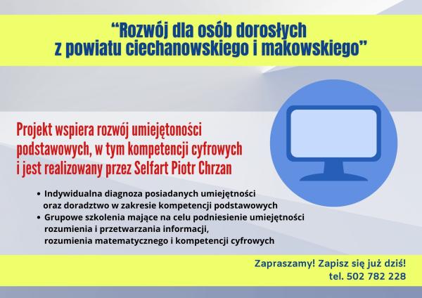BEZPŁATNE SZKOLENIE "ROZWÓJ DLA OSÓB DOROSŁYCH Z POWIATU CIECHANOWSKIEGO I MAKOWSKIEGO"
