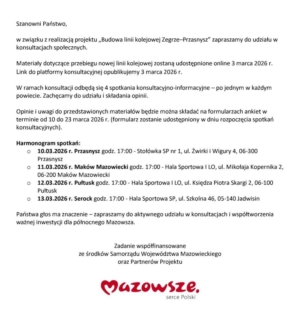 Informacja o nadchodzących konsultacjach ws. przebiegu nowej linii kolejowej PKP