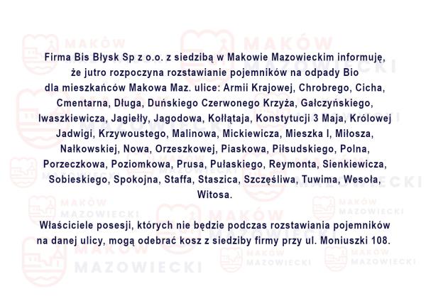 INFORMACJA DOTYCZĄCA ROZSTAWIANIA POJEMNIKÓW NA ODPADY BIO